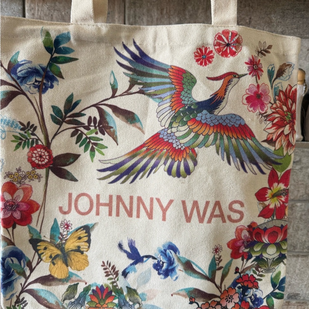 Johnny Was Multicolor Canvas Tote with Bird and Floral Design